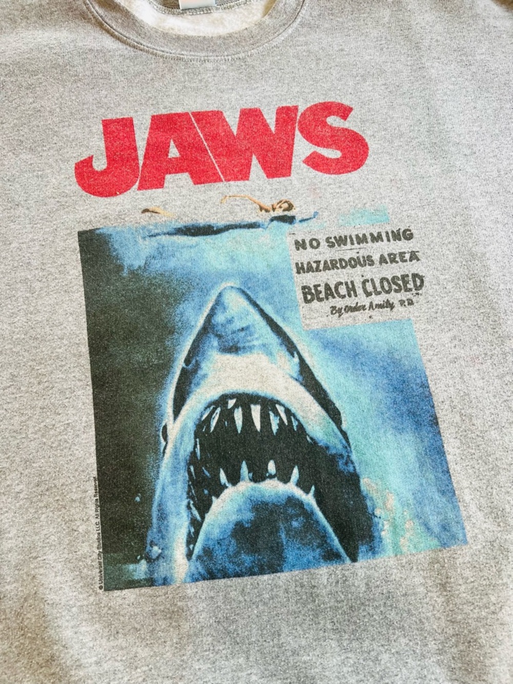 Junk Food Clothing JAWS Crewneck Sweatshirt - Gray with Red & Blue Graphic - Picture 4 of 9